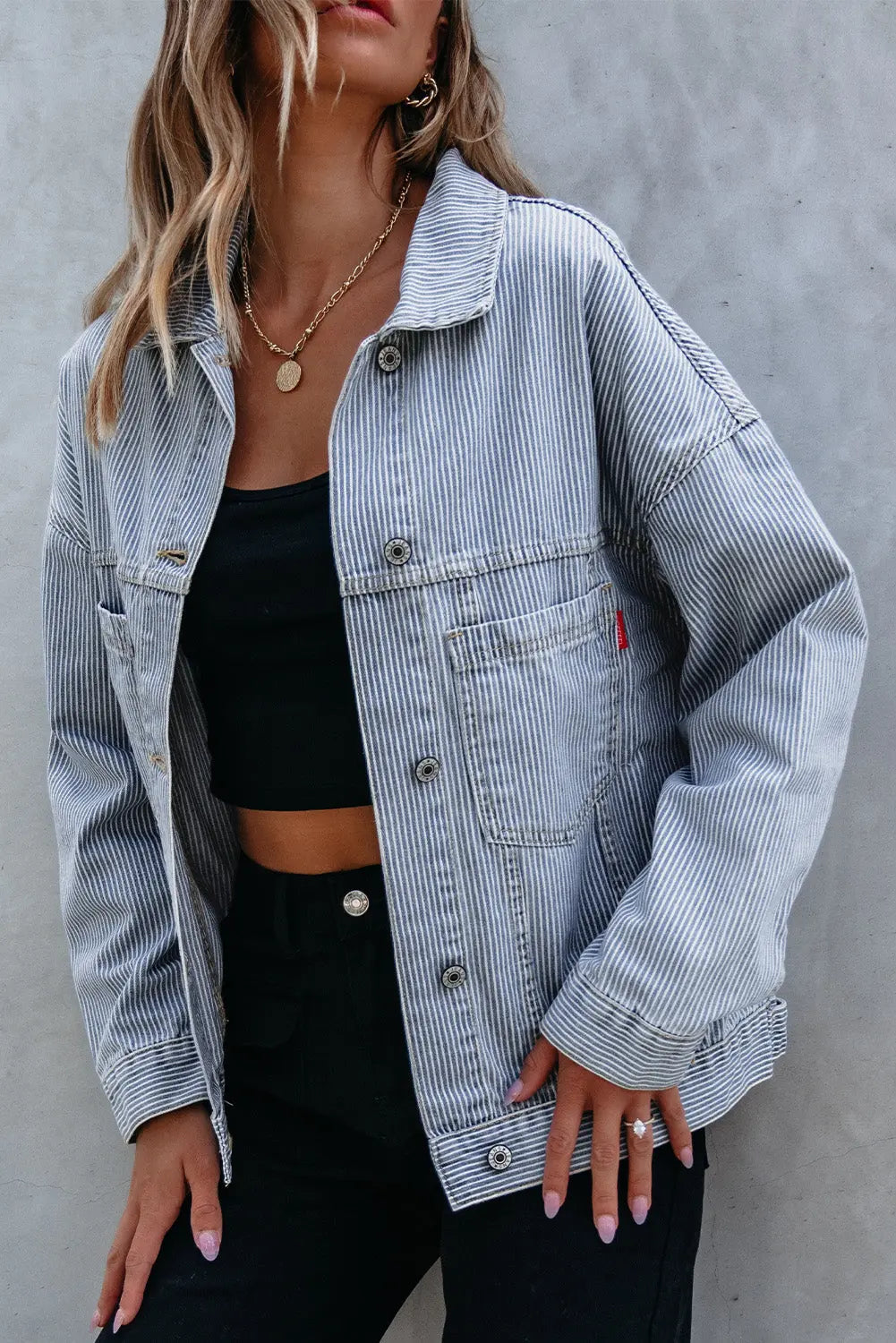 Sky Blue Stripe Washed Oversize Pocketed Denim Jacket eAura