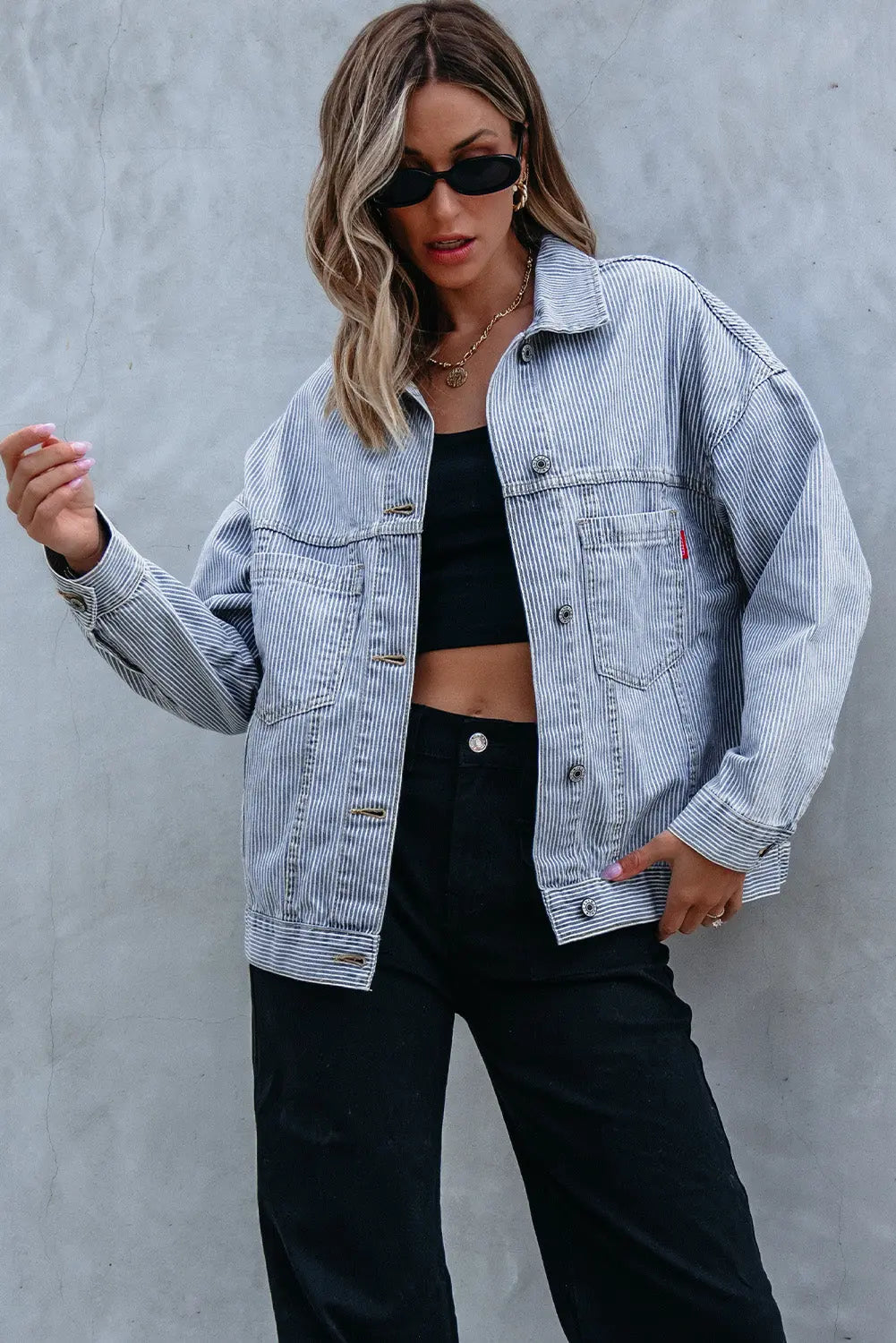 Sky Blue Stripe Washed Oversize Pocketed Denim Jacket eAura
