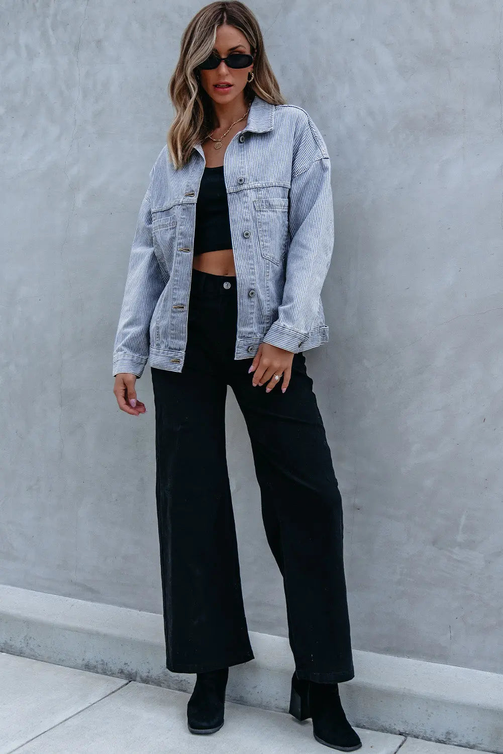 Sky Blue Stripe Washed Oversize Pocketed Denim Jacket eAura