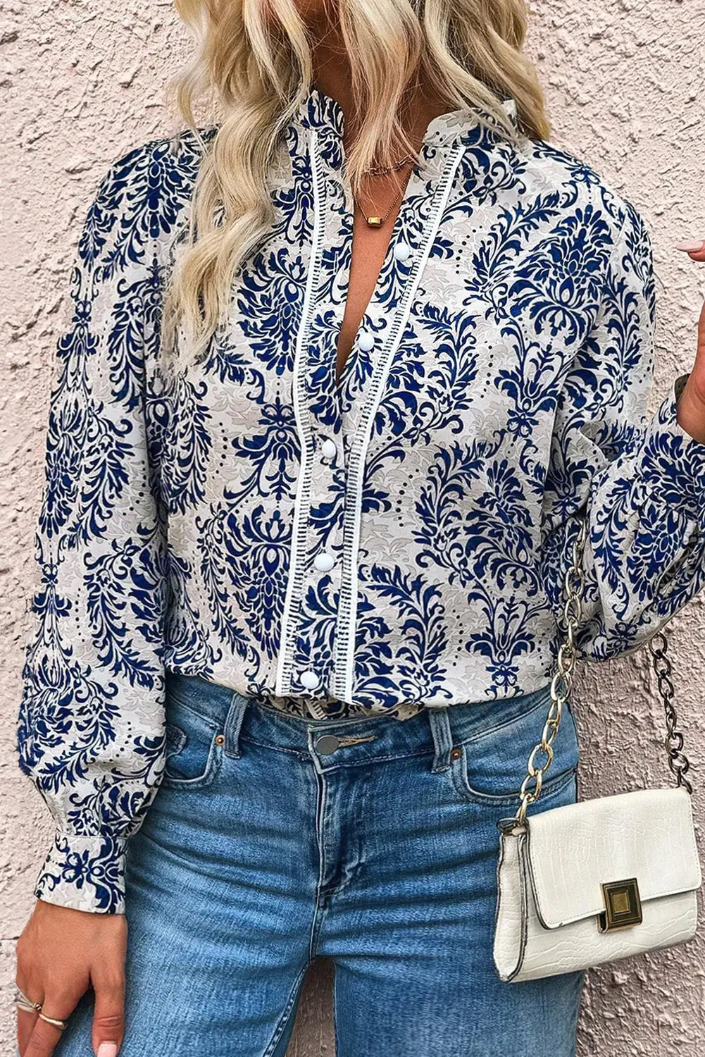 Sky Blue Tribal Pattern Print Notch Neck Buttoned Plus Size Shirt Beagle Boutique Fashion Outlet