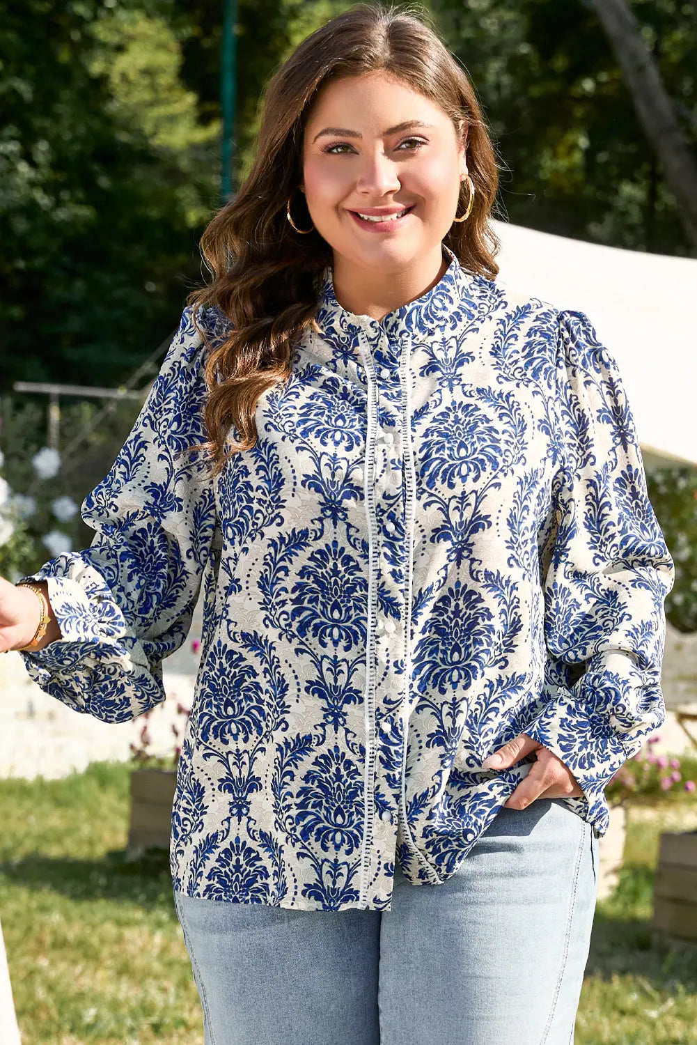 Sky Blue Tribal Pattern Print Notch Neck Buttoned Plus Size Shirt Beagle Boutique Fashion Outlet