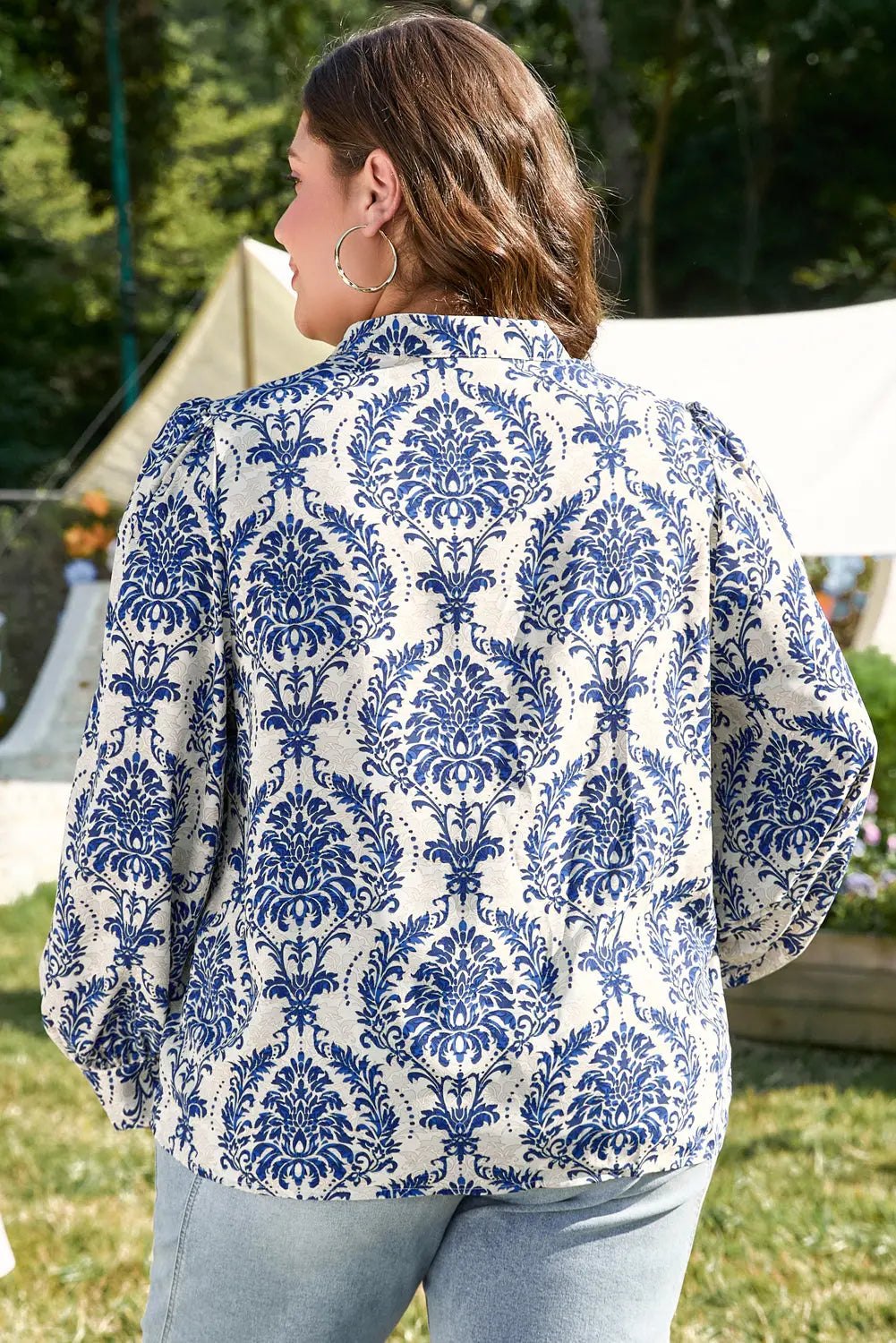 Sky Blue Tribal Pattern Print Notch Neck Buttoned Plus Size Shirt Beagle Boutique Fashion Outlet