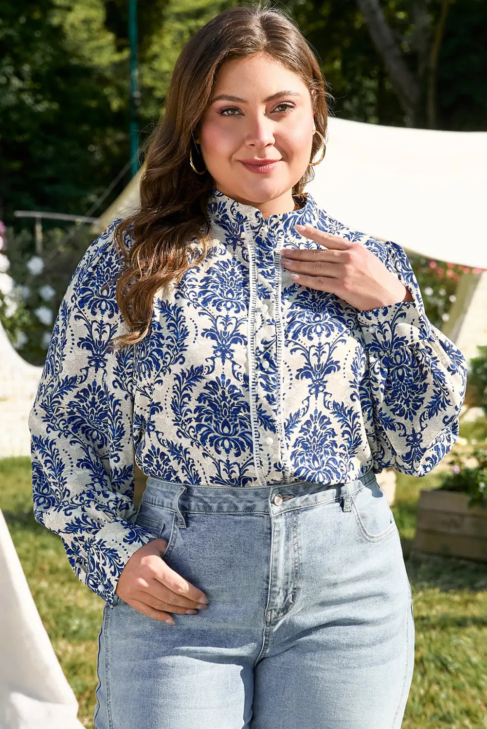 Sky Blue Tribal Pattern Print Notch Neck Buttoned Plus Size Shirt Beagle Boutique Fashion Outlet