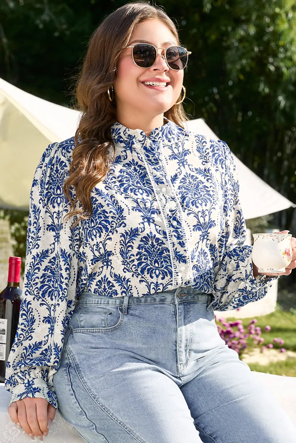 Sky Blue Tribal Pattern Print Notch Neck Buttoned Plus Size Shirt Beagle Boutique Fashion Outlet