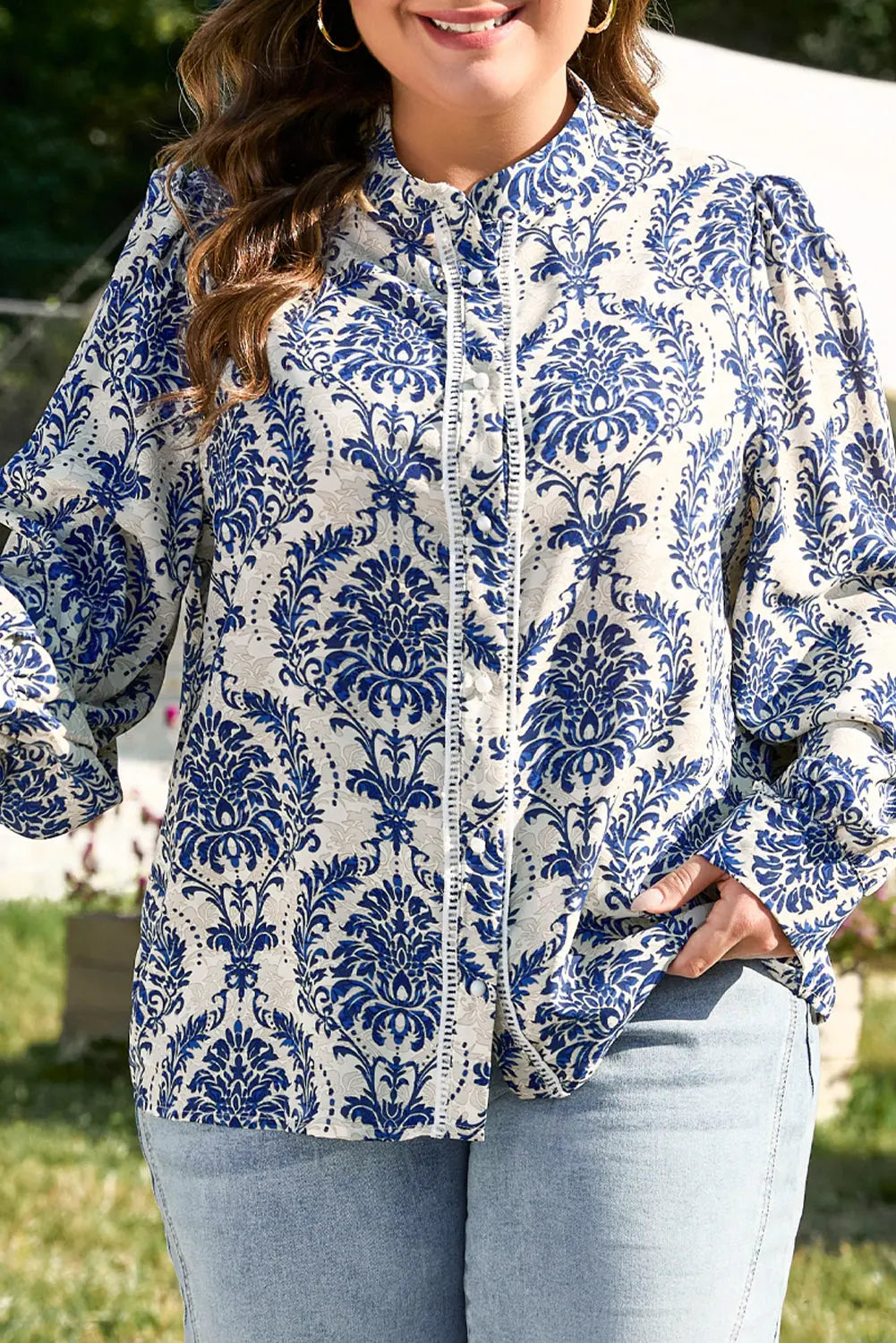 Sky Blue Tribal Pattern Print Notch Neck Buttoned Plus Size Shirt Beagle Boutique Fashion Outlet
