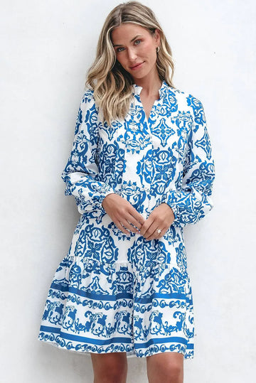 Sky Blue Tribal Print Button Up Notch Neck Loose Mini Dress - BB Fashion Outlet