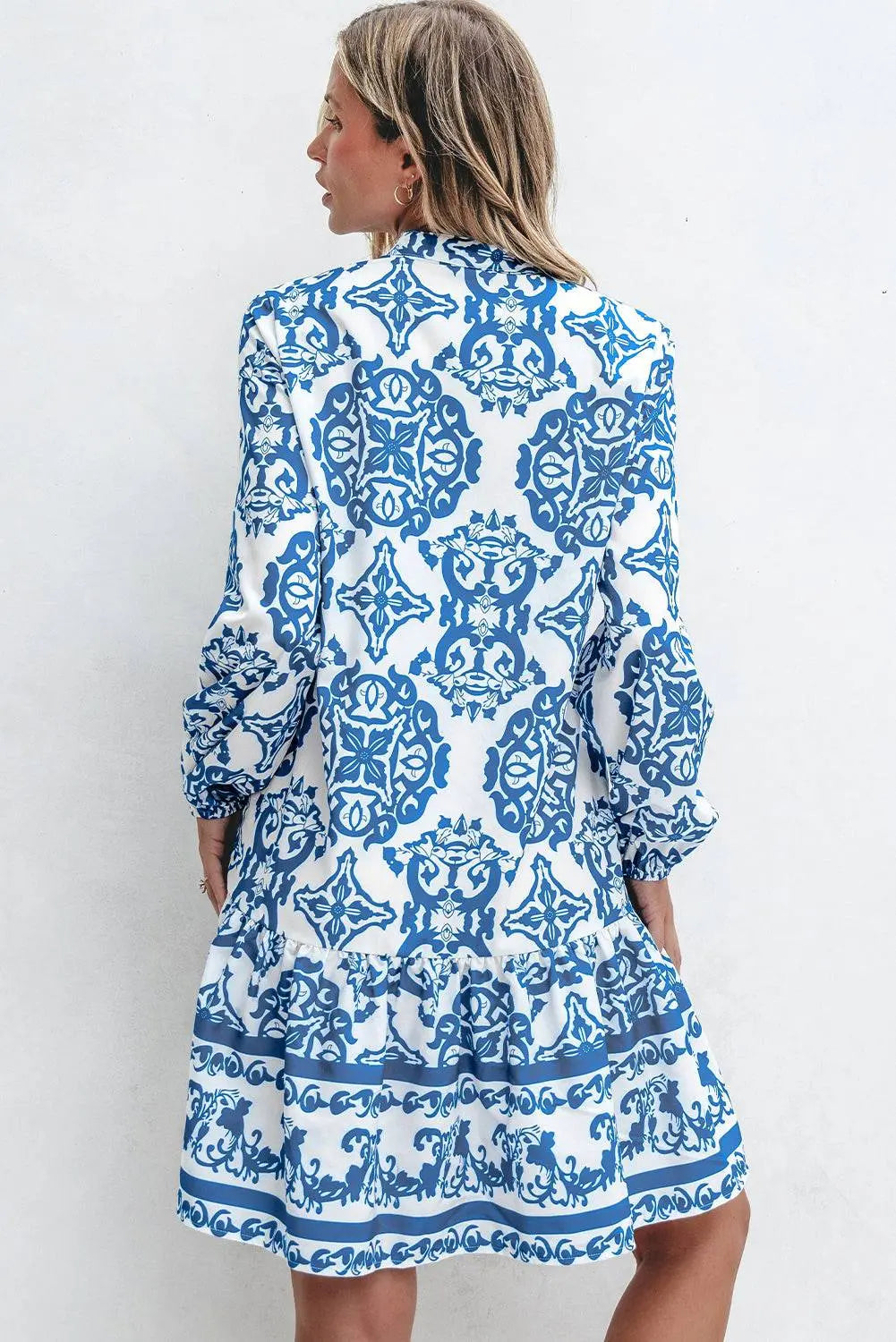 Sky Blue Tribal Print Button Up Notch Neck Loose Mini Dress - BB Fashion Outlet
