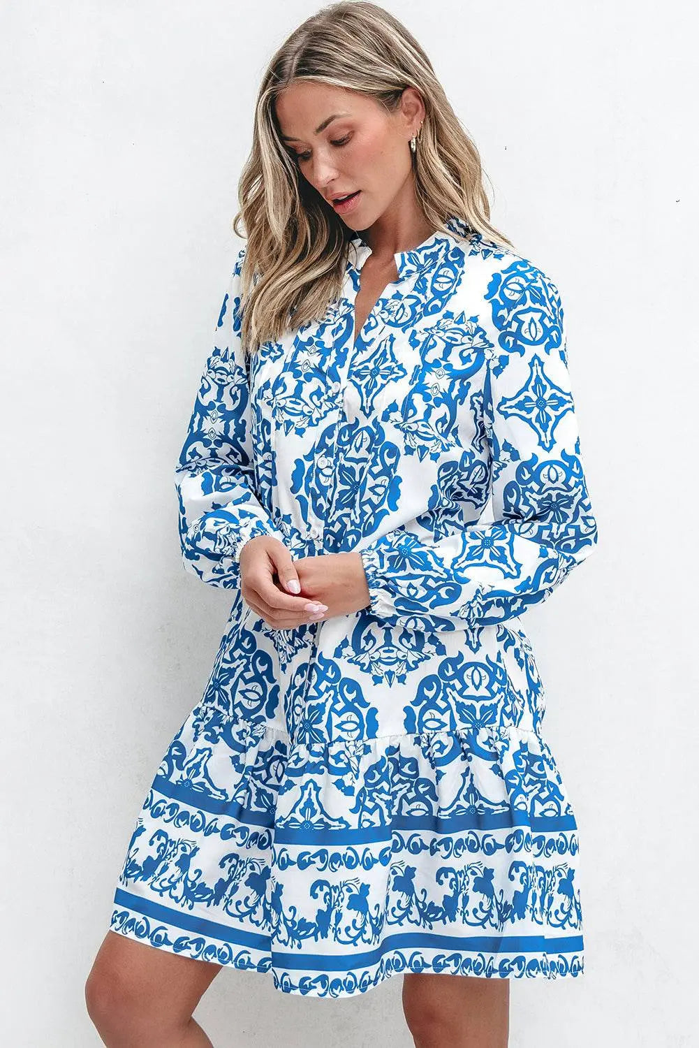 Sky Blue Tribal Print Button Up Notch Neck Loose Mini Dress - BB Fashion Outlet