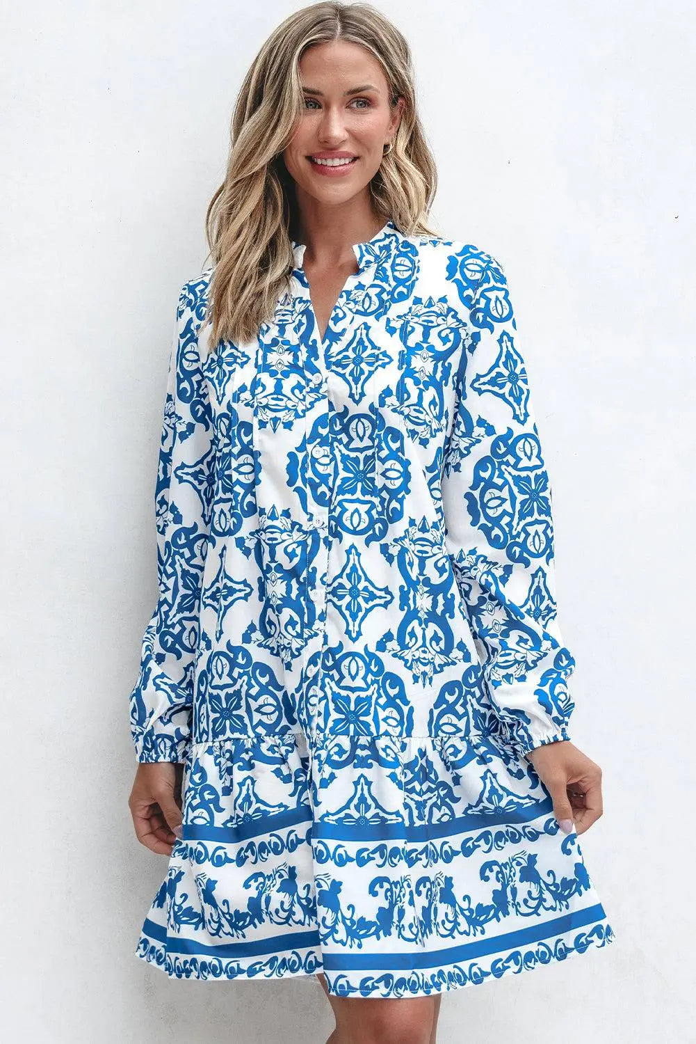 Sky Blue Tribal Print Button Up Notch Neck Loose Mini Dress - BB Fashion Outlet