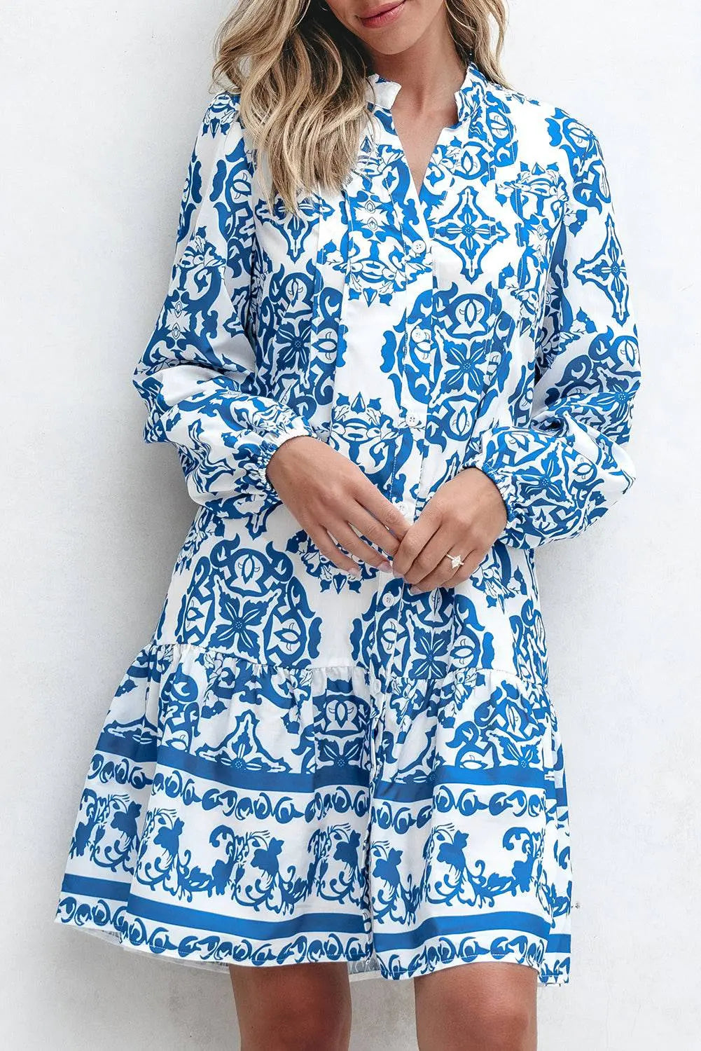 Sky Blue Tribal Print Button Up Notch Neck Loose Mini Dress - BB Fashion Outlet