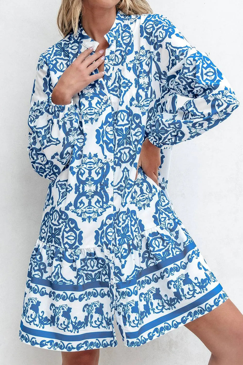 Sky Blue Tribal Print Button Up Notch Neck Loose Mini Dress - BB Fashion Outlet