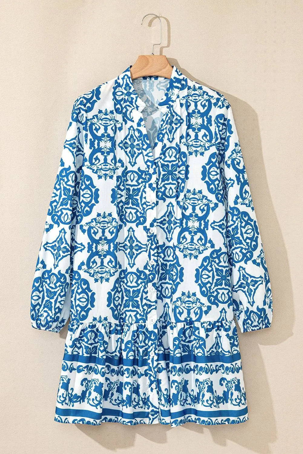 Sky Blue Tribal Print Button Up Notch Neck Loose Mini Dress - BB Fashion Outlet