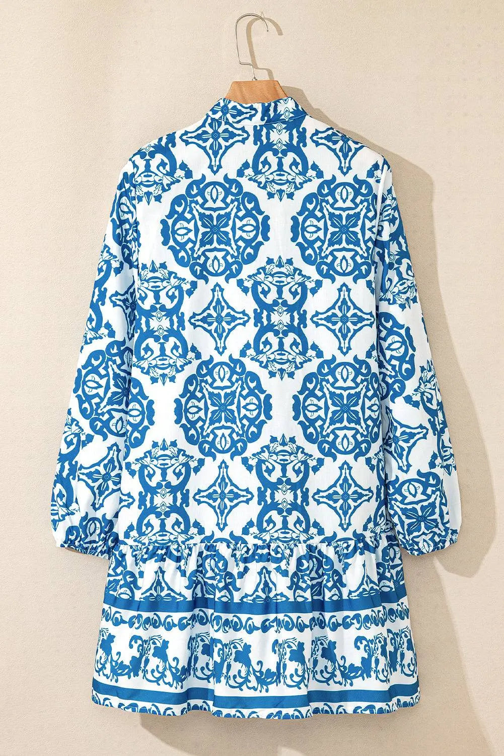 Sky Blue Tribal Print Button Up Notch Neck Loose Mini Dress - BB Fashion Outlet