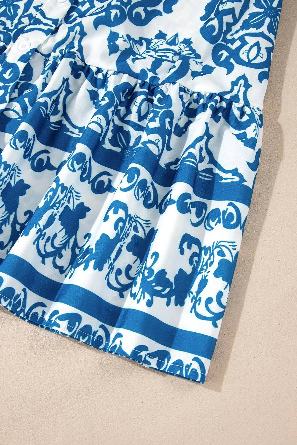 Sky Blue Tribal Print Button Up Notch Neck Loose Mini Dress - BB Fashion Outlet