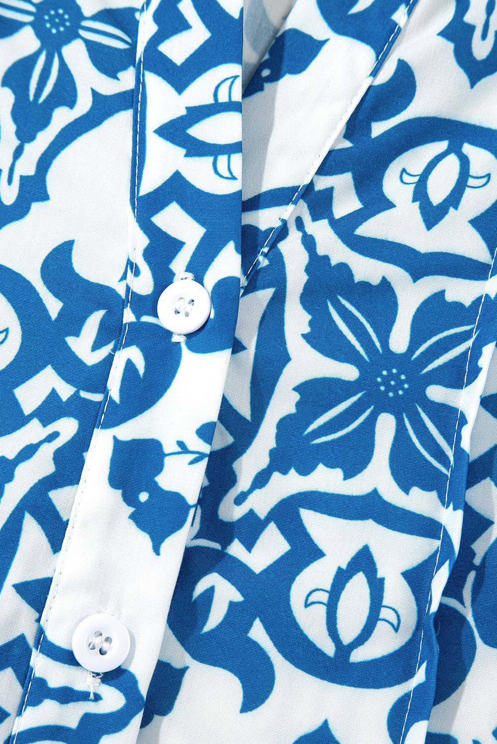 Sky Blue Tribal Print Button Up Notch Neck Loose Mini Dress - BB Fashion Outlet