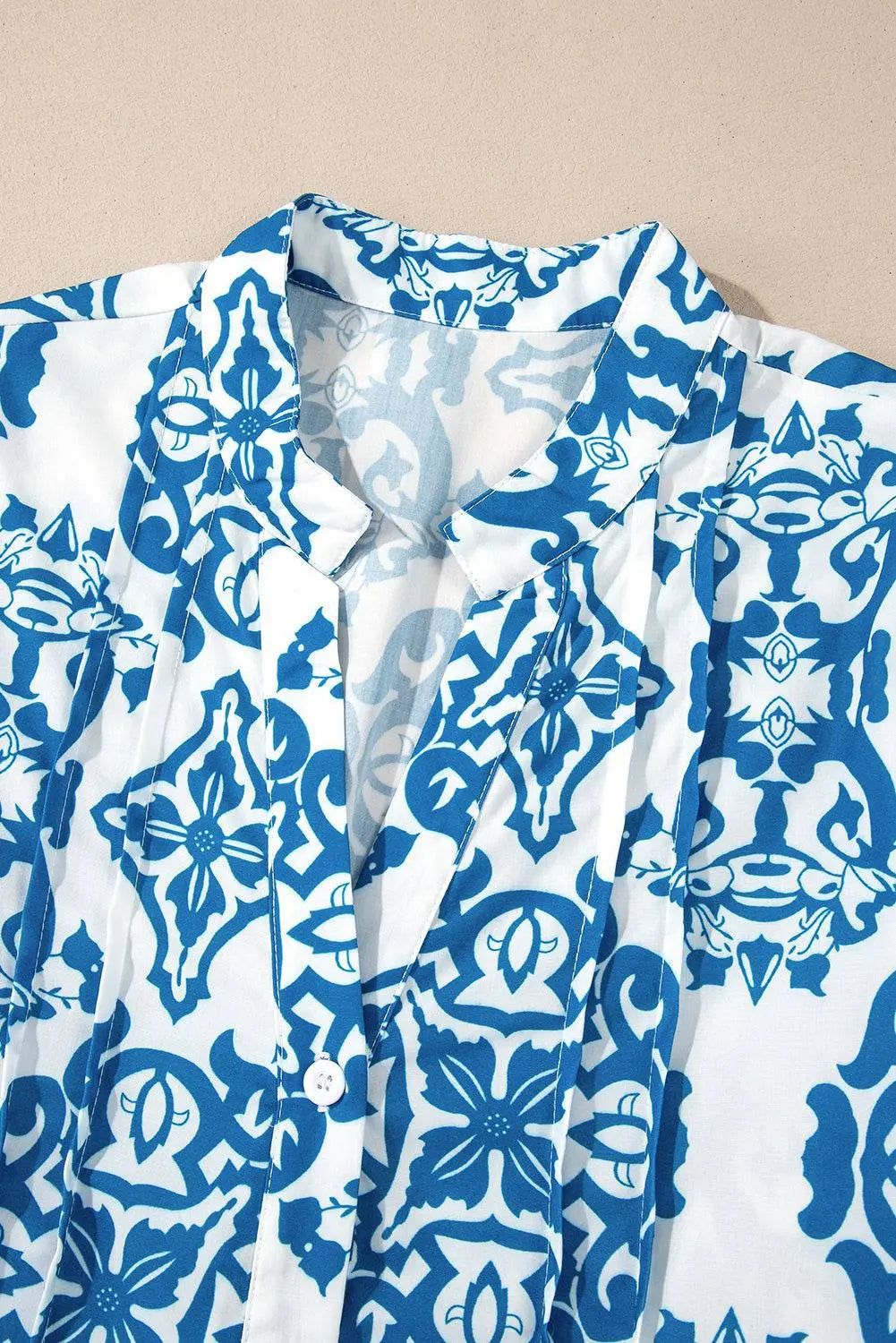 Sky Blue Tribal Print Button Up Notch Neck Loose Mini Dress - BB Fashion Outlet