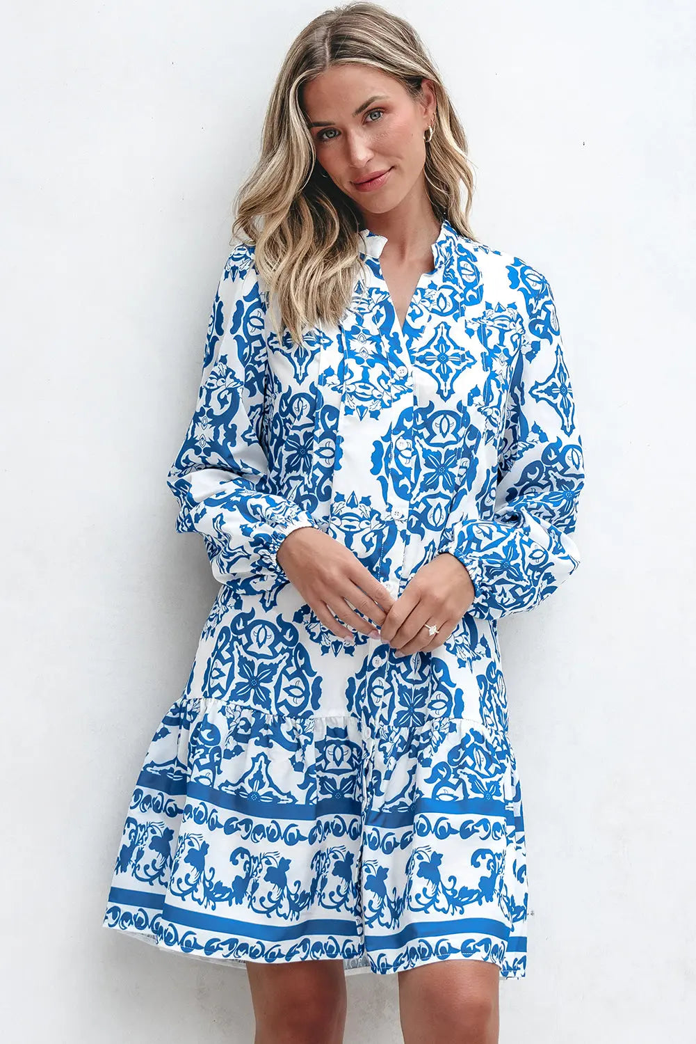 Sky Blue Tribal Print Button Up Notch Neck Loose Mini Dress - eAura