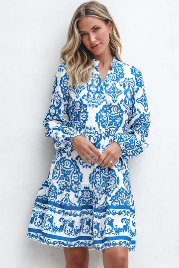 Sky Blue Tribal Print Button Up Notch Neck Loose Mini Dress - eAura