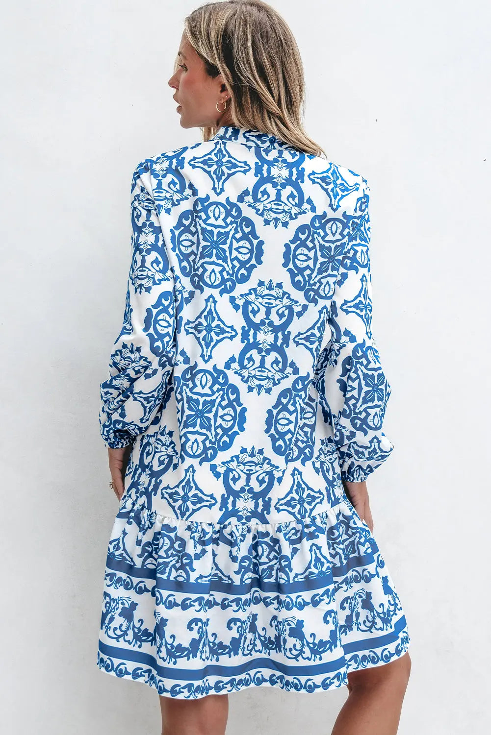 Sky Blue Tribal Print Button Up Notch Neck Loose Mini Dress - eAura
