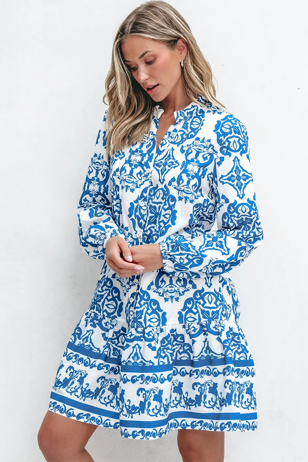 Sky Blue Tribal Print Button Up Notch Neck Loose Mini Dress - eAura