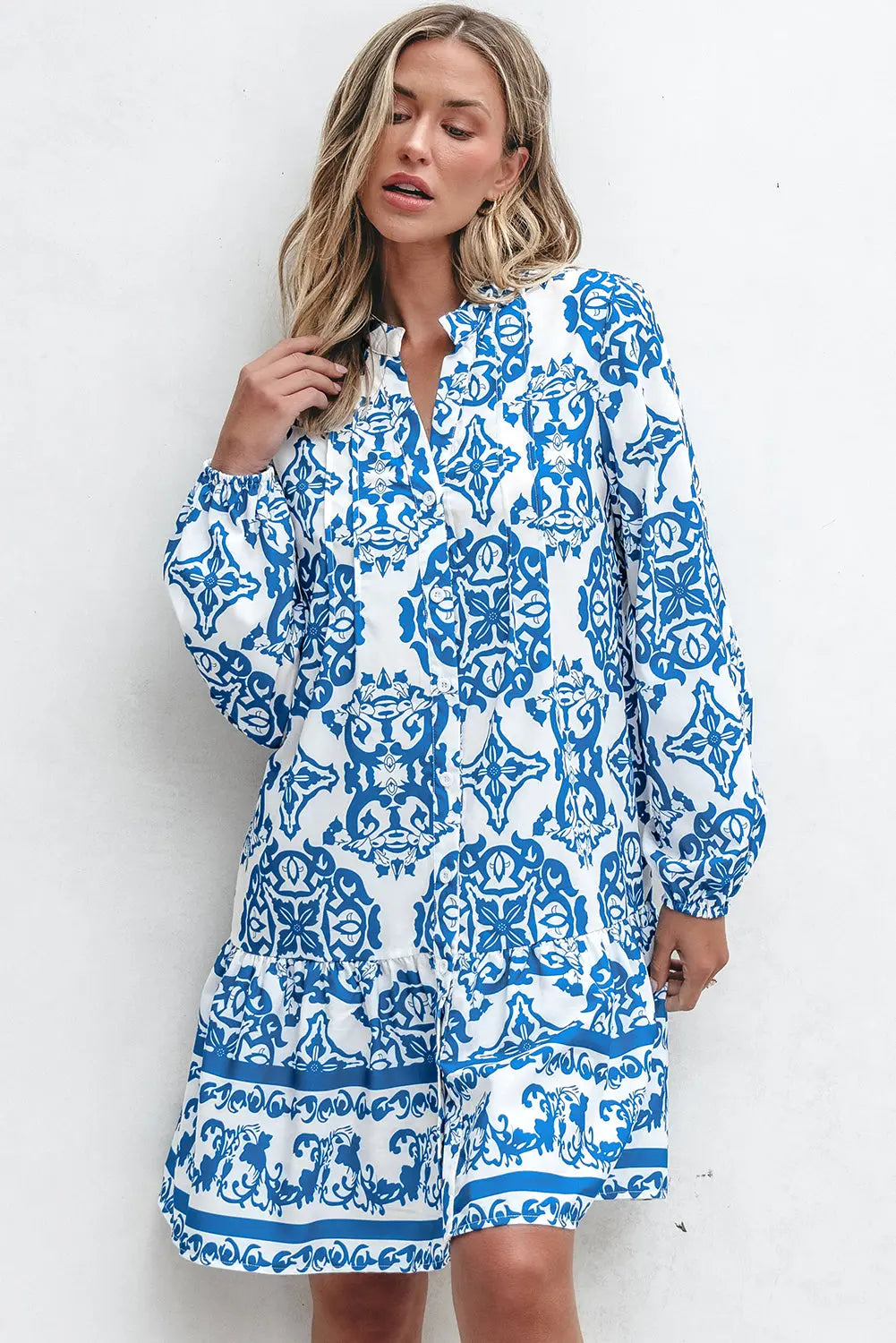 Sky Blue Tribal Print Button Up Notch Neck Loose Mini Dress - eAura
