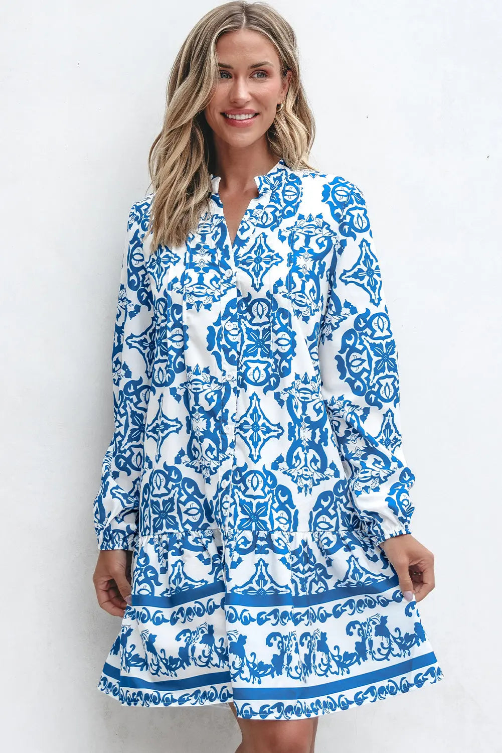 Sky Blue Tribal Print Button Up Notch Neck Loose Mini Dress - eAura