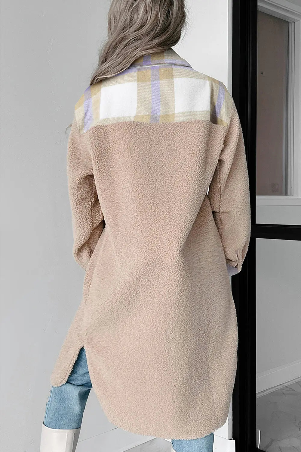 Smoke Gray Plaid Patchwork Collared Button-up Sherpa Long Coat Beagle Boutique Fashion Outlet