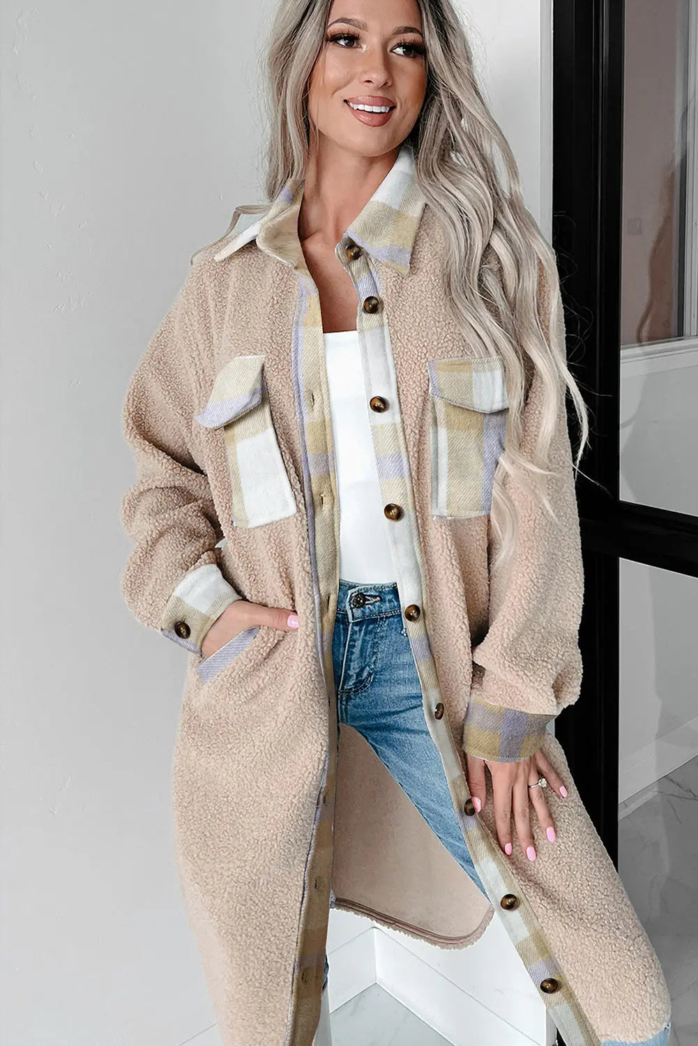 Smoke Gray Plaid Patchwork Collared Button-up Sherpa Long Coat Beagle Boutique Fashion Outlet