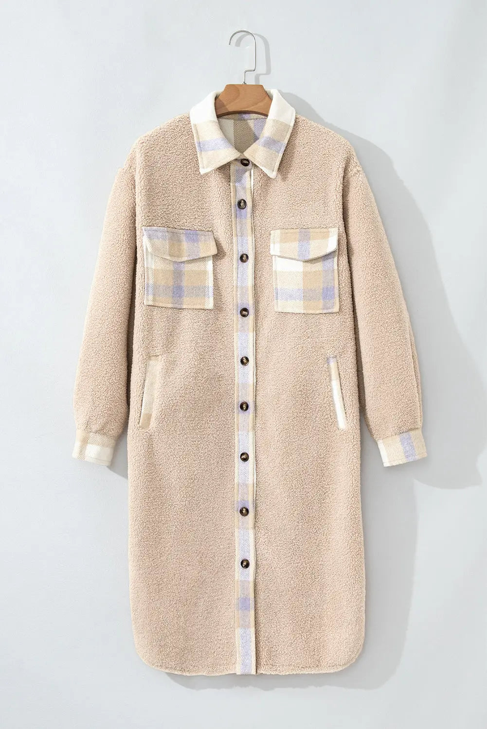 Smoke Gray Plaid Patchwork Collared Button-up Sherpa Long Coat Beagle Boutique Fashion Outlet