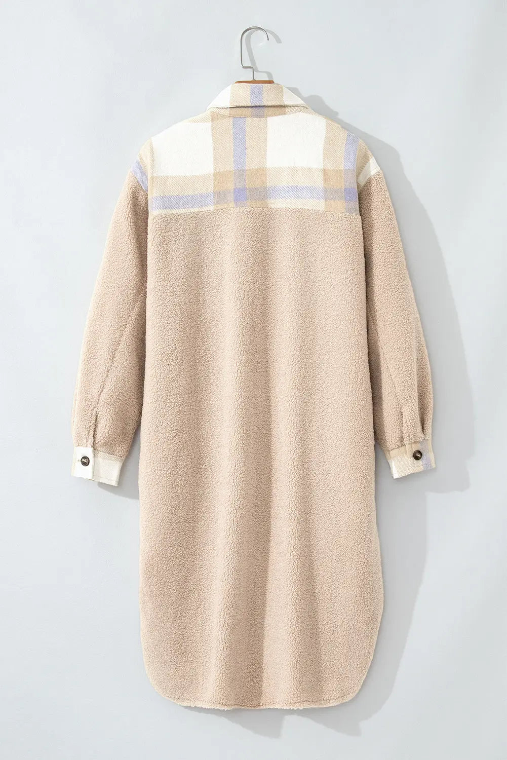 Smoke Gray Plaid Patchwork Collared Button-up Sherpa Long Coat Beagle Boutique Fashion Outlet