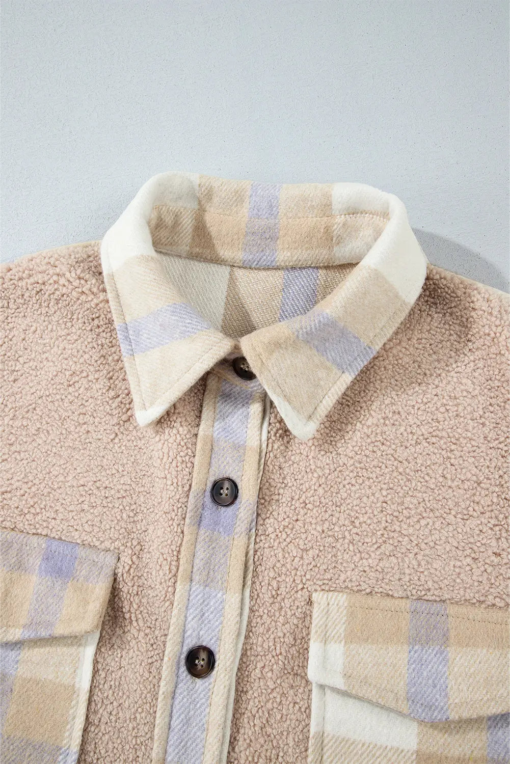Smoke Gray Plaid Patchwork Collared Button-up Sherpa Long Coat Beagle Boutique Fashion Outlet
