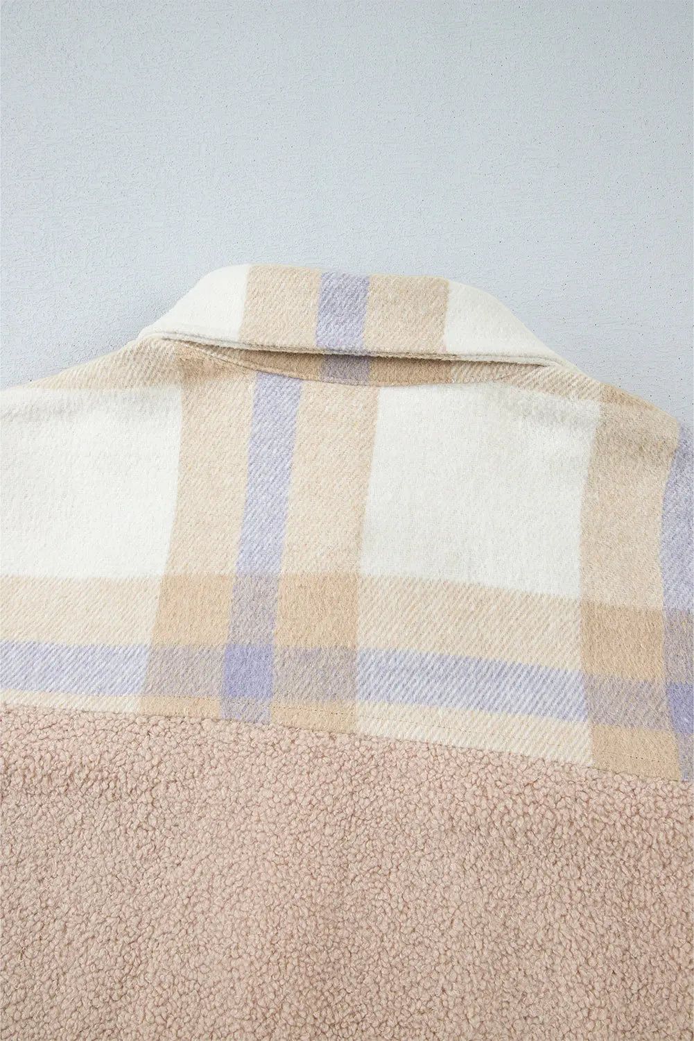 Smoke Gray Plaid Patchwork Collared Button-up Sherpa Long Coat Beagle Boutique Fashion Outlet