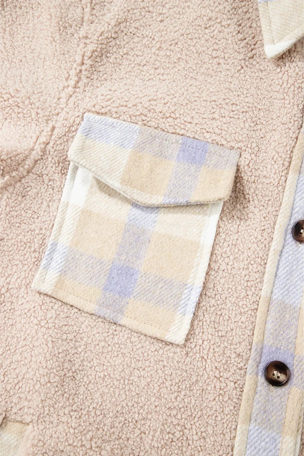 Smoke Gray Plaid Patchwork Collared Button-up Sherpa Long Coat Beagle Boutique Fashion Outlet