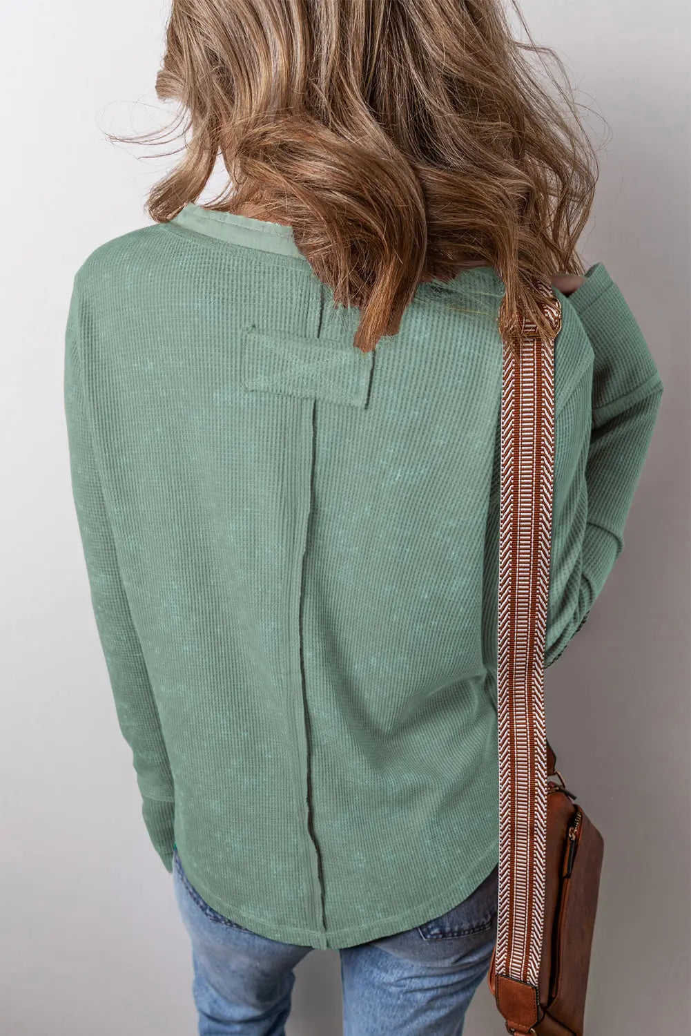 Smoke Green Acid Wash Waffle Knit Buttoned Neckline Long Sleeve Top eAura