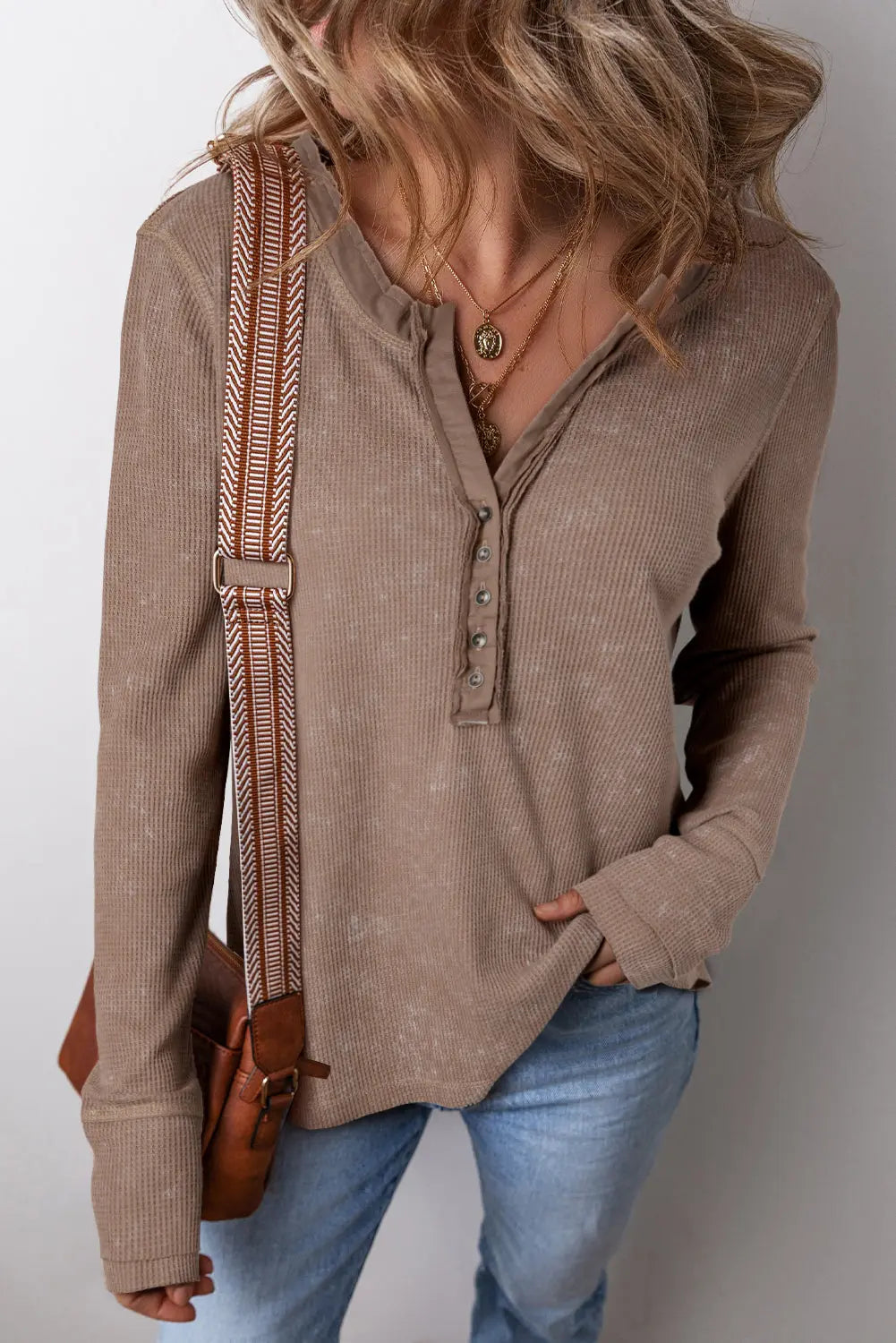 Smoke Green Acid Wash Waffle Knit Buttoned Neckline Long Sleeve Top eAura