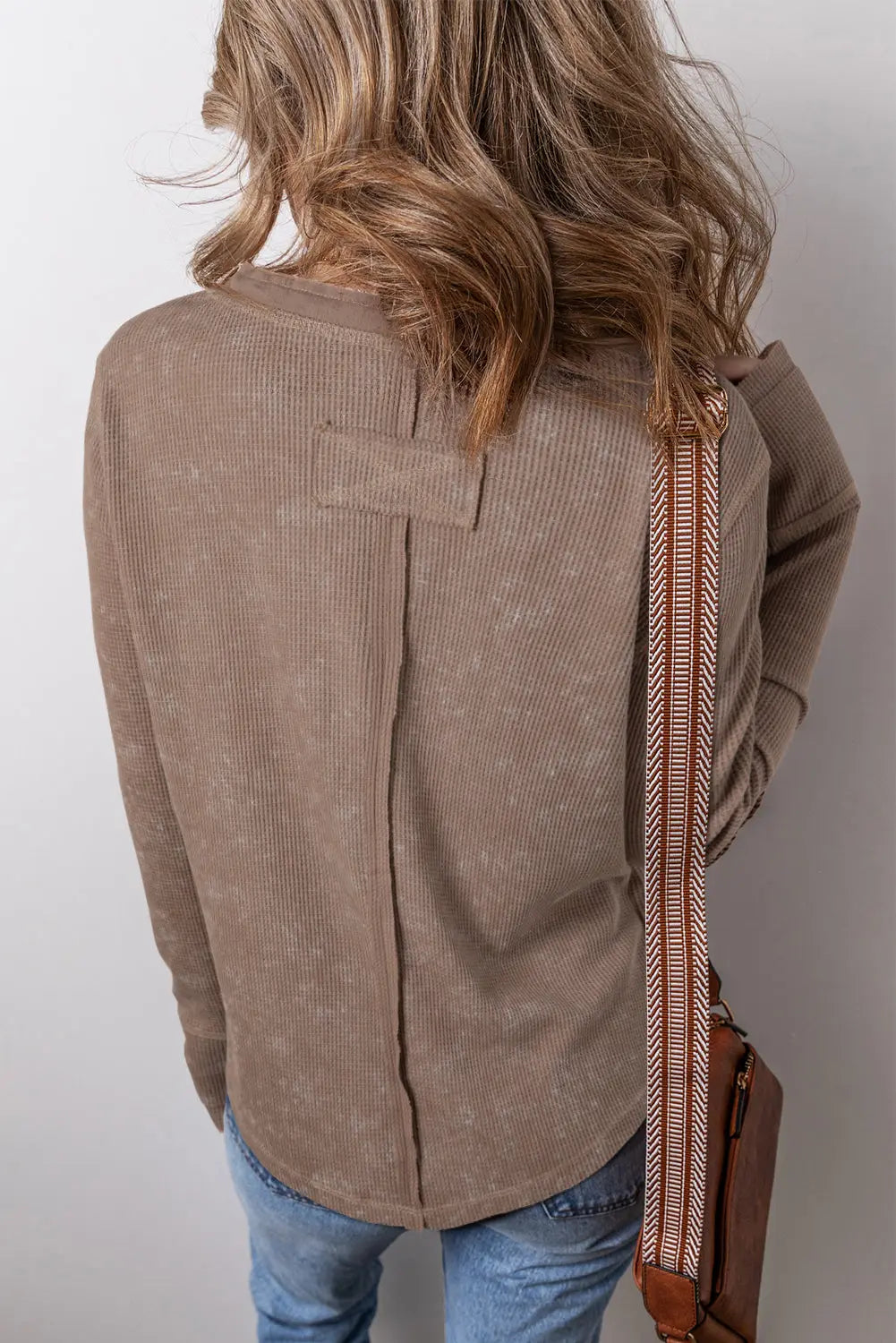 Smoke Green Acid Wash Waffle Knit Buttoned Neckline Long Sleeve Top eAura
