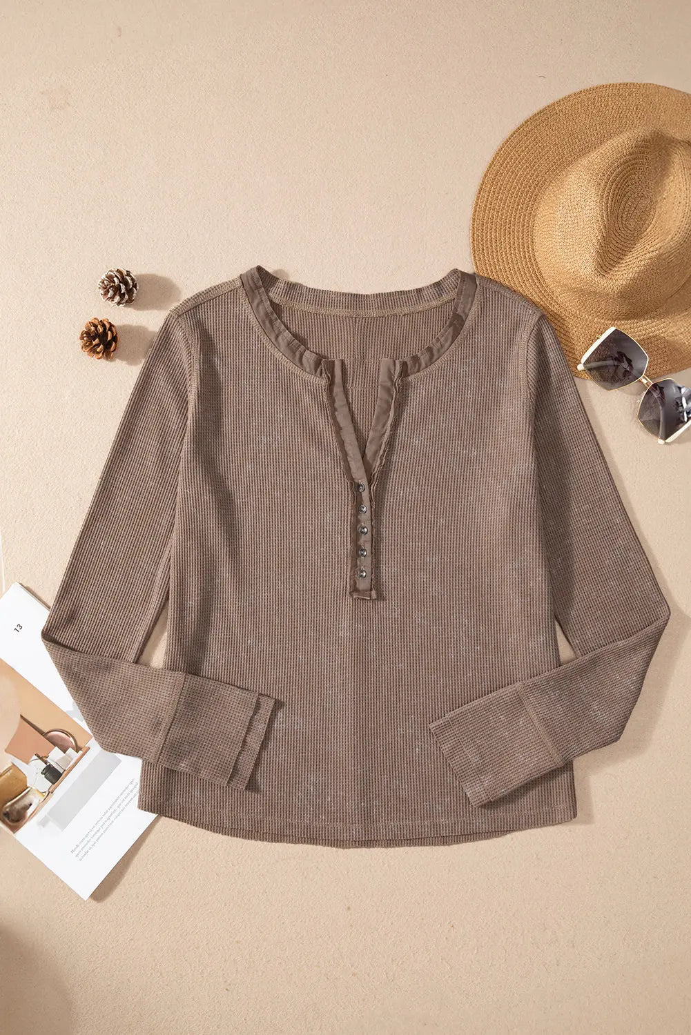 Smoke Green Acid Wash Waffle Knit Buttoned Neckline Long Sleeve Top eAura