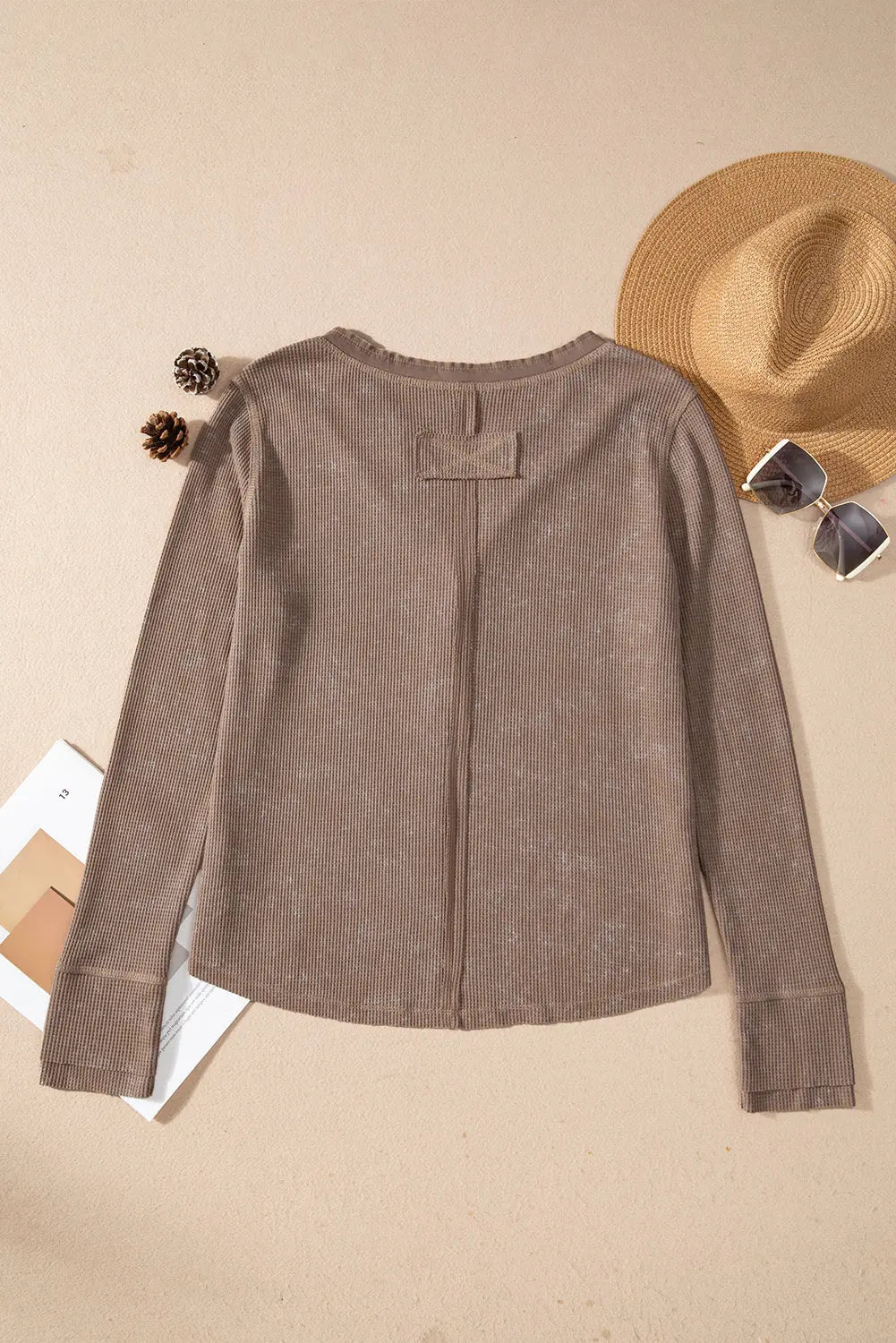 Smoke Green Acid Wash Waffle Knit Buttoned Neckline Long Sleeve Top eAura