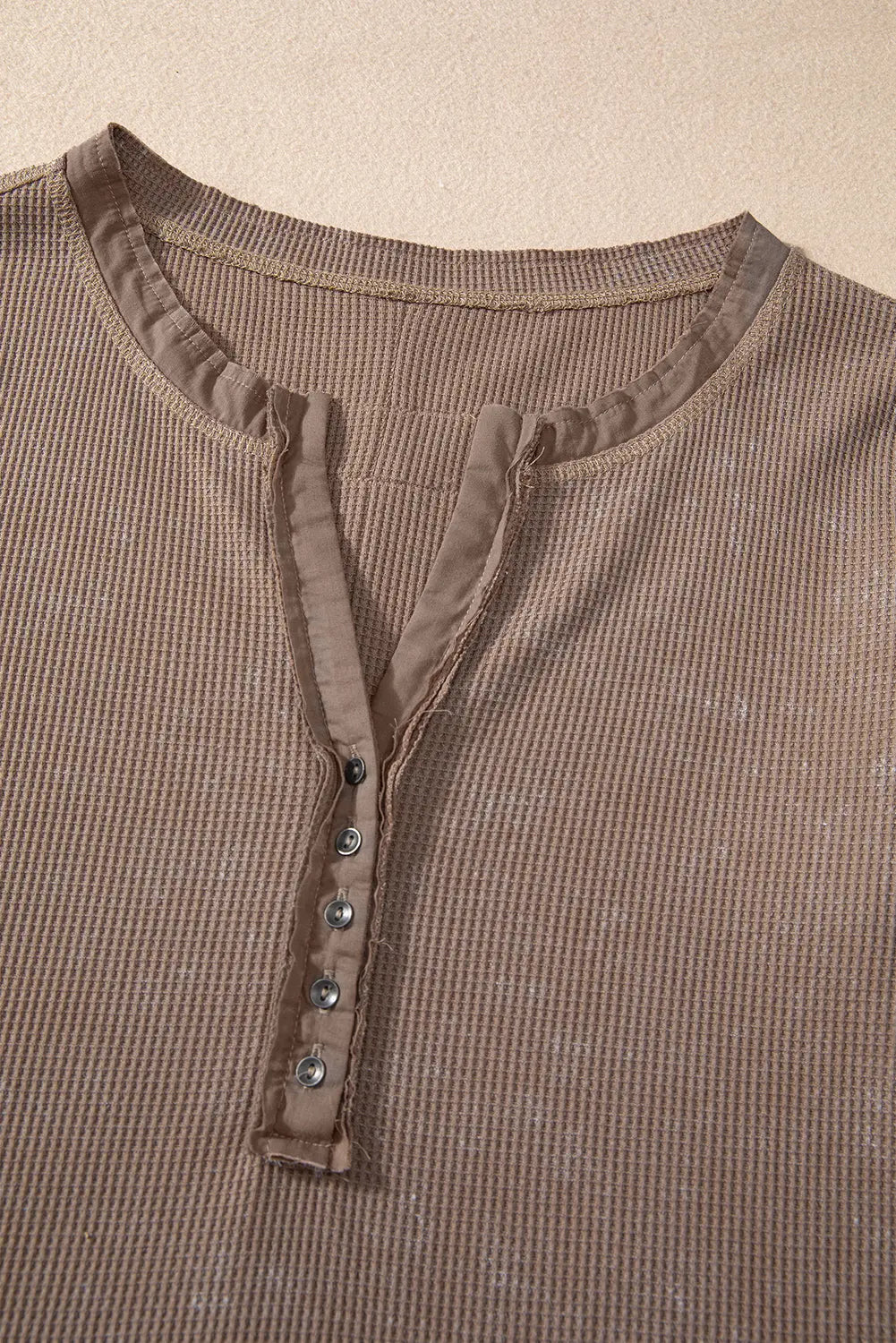 Smoke Green Acid Wash Waffle Knit Buttoned Neckline Long Sleeve Top eAura