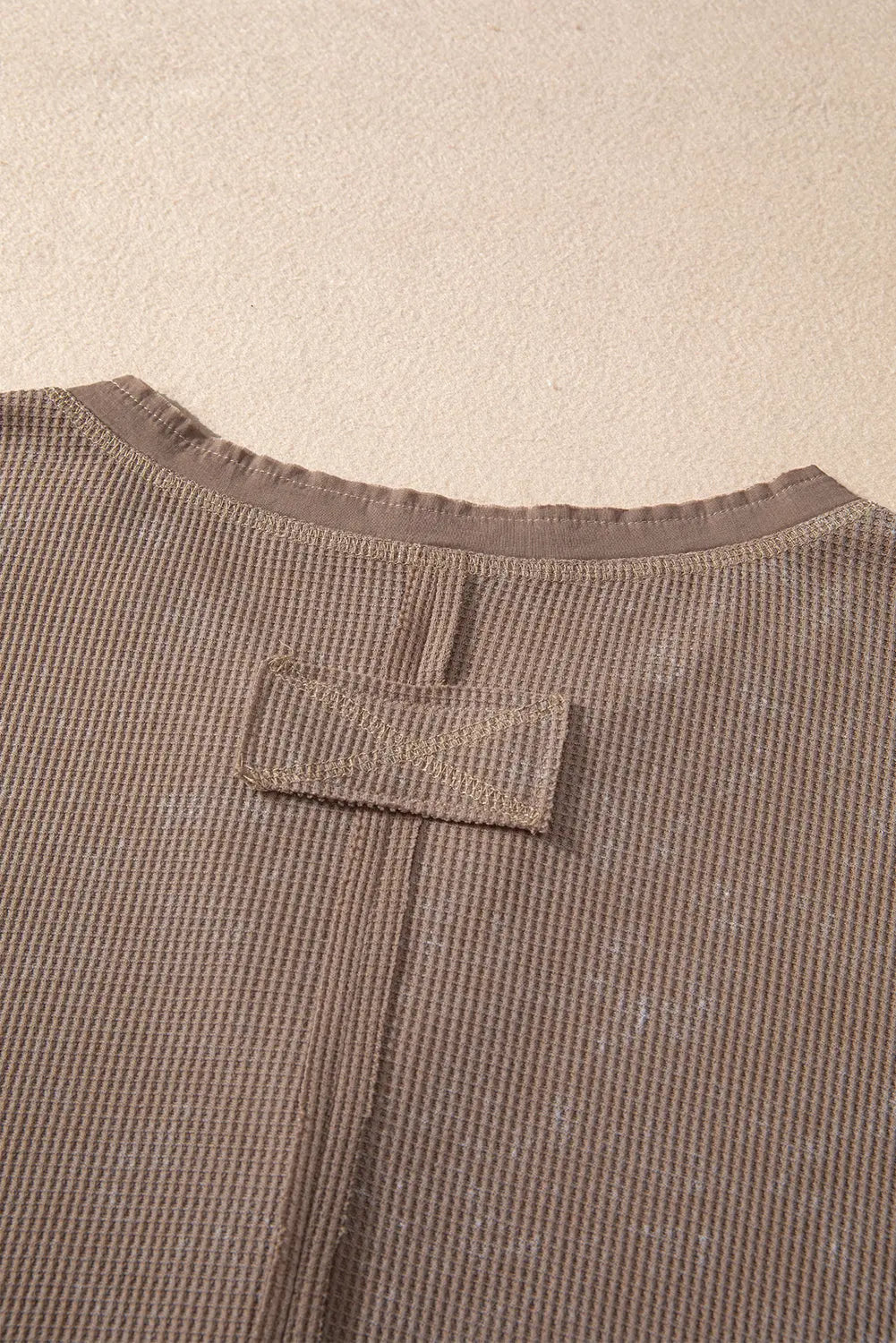 Smoke Green Acid Wash Waffle Knit Buttoned Neckline Long Sleeve Top eAura