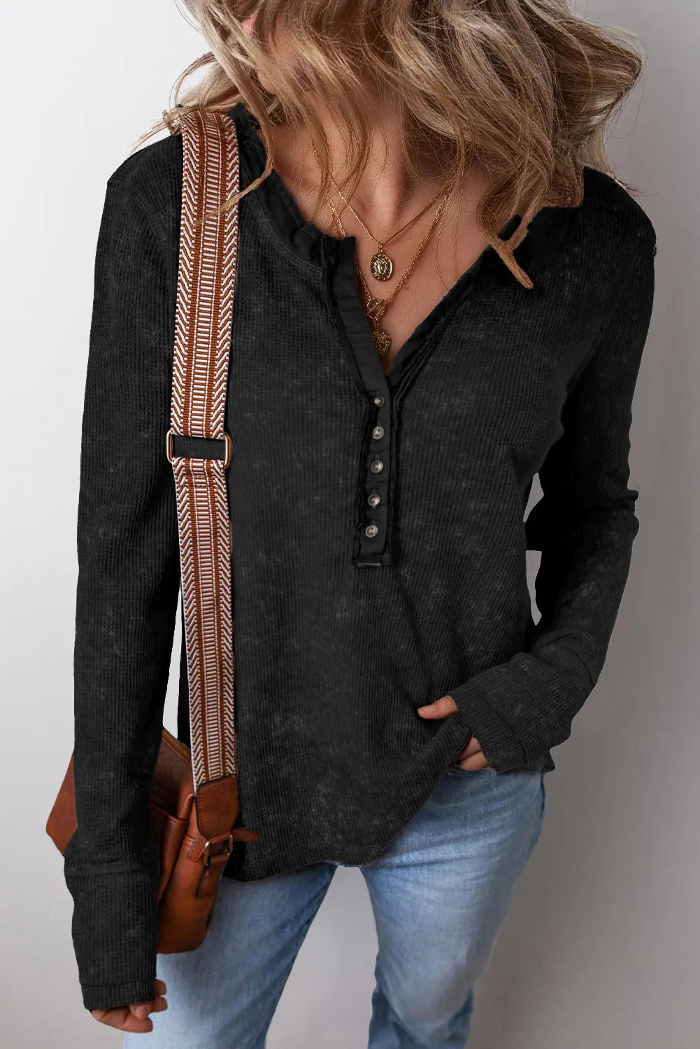 Smoke Green Acid Wash Waffle Knit Buttoned Neckline Long Sleeve Top eAura