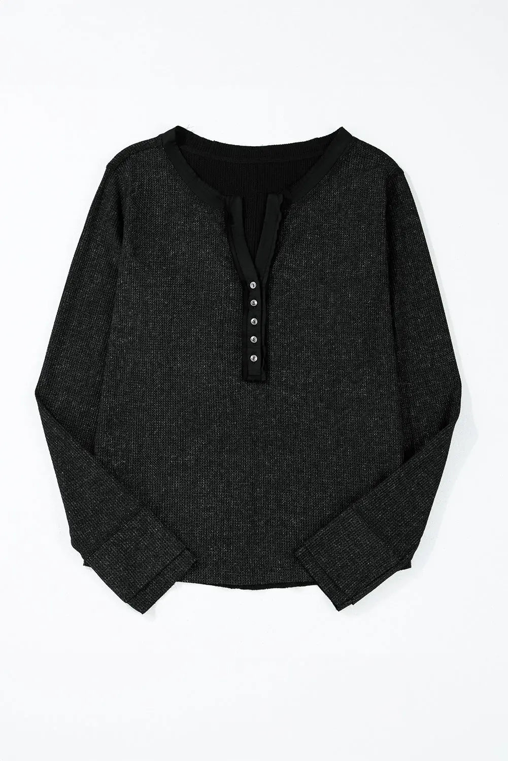 Smoke Green Acid Wash Waffle Knit Buttoned Neckline Long Sleeve Top eAura