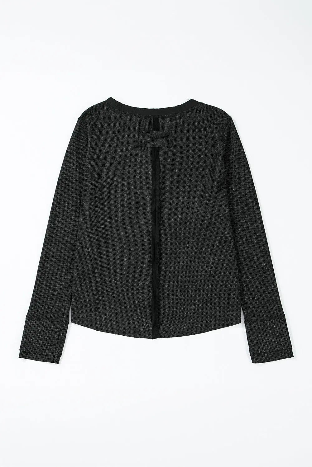 Smoke Green Acid Wash Waffle Knit Buttoned Neckline Long Sleeve Top eAura