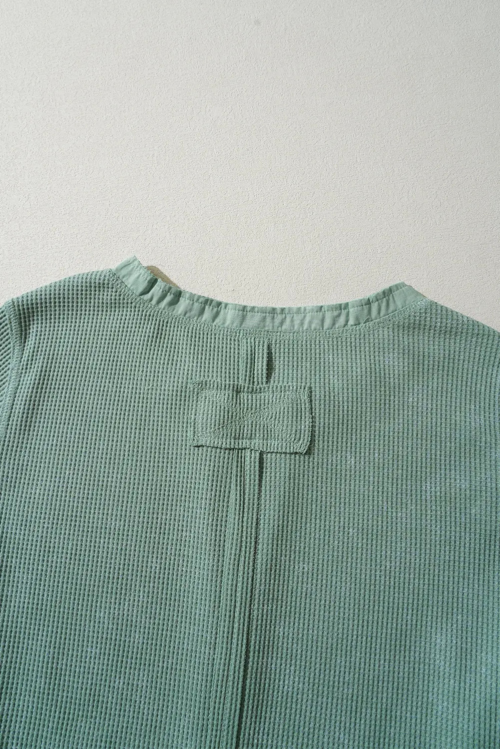 Smoke Green Acid Wash Waffle Knit Buttoned Neckline Long Sleeve Top eAura