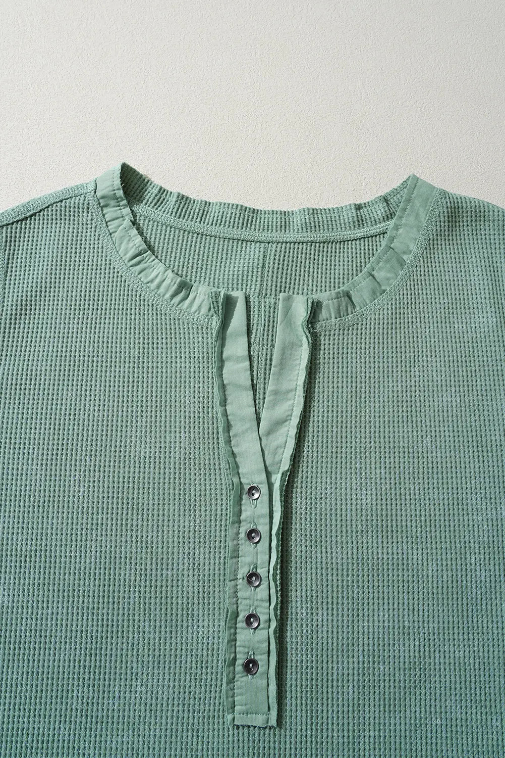 Smoke Green Acid Wash Waffle Knit Buttoned Neckline Long Sleeve Top eAura