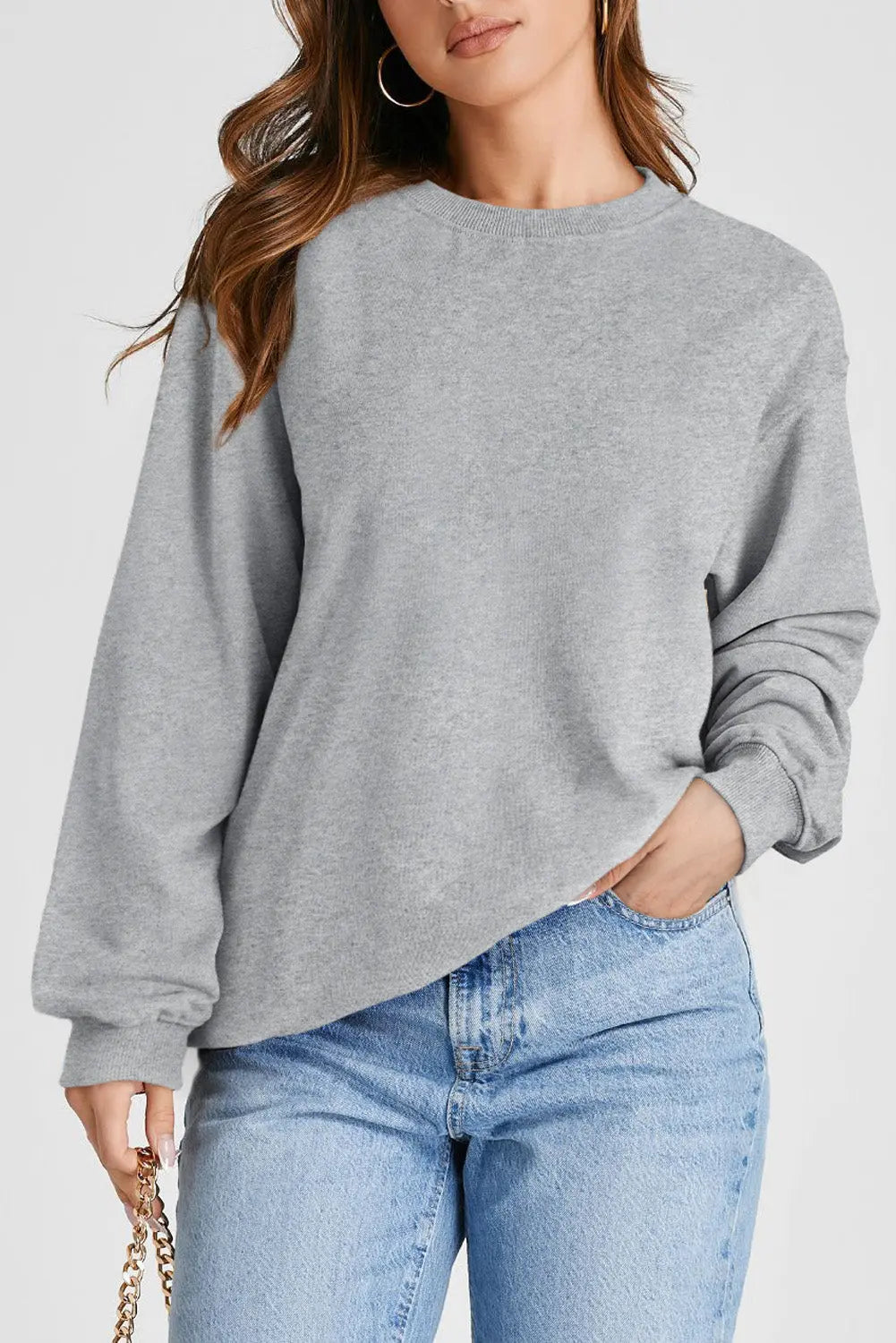 Smoke Green Plain Drop Shoulder Crewneck Pullover Sweatshirt - eAura