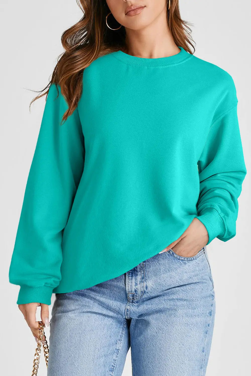 Smoke Green Plain Drop Shoulder Crewneck Pullover Sweatshirt - eAura