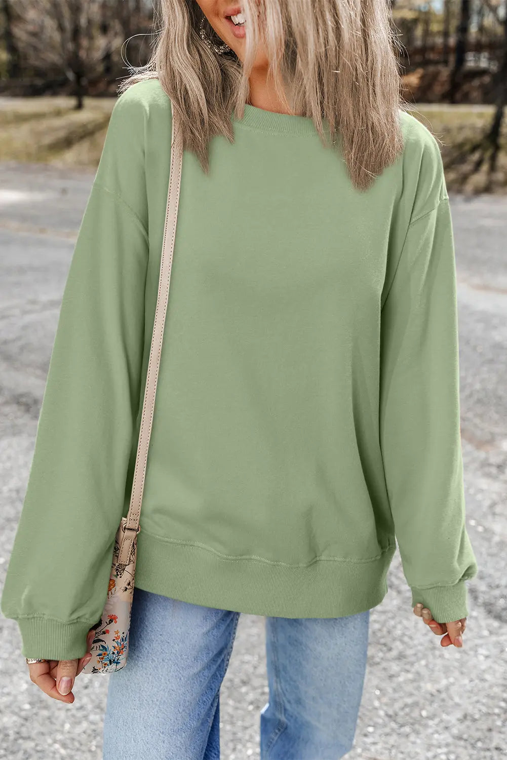 Smoke Green Plain Drop Shoulder Crewneck Pullover Sweatshirt eAura