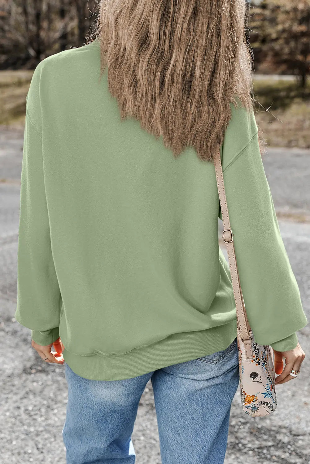 Smoke Green Plain Drop Shoulder Crewneck Pullover Sweatshirt eAura