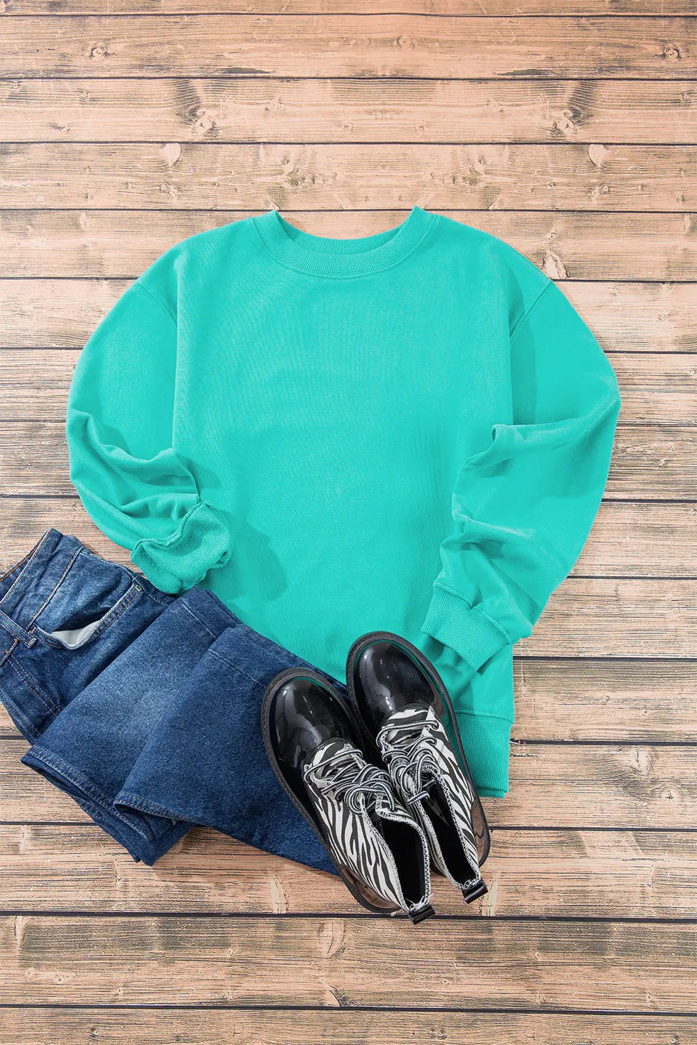 Smoke Green Plain Drop Shoulder Crewneck Pullover Sweatshirt eAura